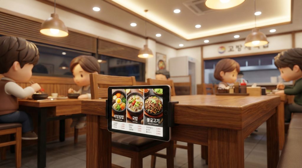 테이블 위에 설치된 태블릿을 통해 편리하게 음식을 주문하는 외국인 여행객의 시점