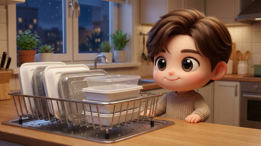 싱크대에서 깨끗하게 세척된 플라스틱 배달 용기들이 건조되고 있는 모습