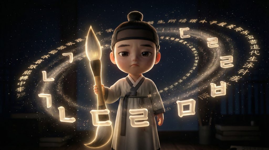 붓글씨 자음들이 떠다니는 가운데 엄숙하게 기록의 가치를 되새기는 3D 치비 캐릭터 (Chibi character contemplating the value of records amidst floating Hangul consonants) 