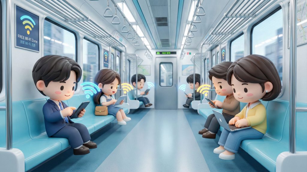 깨끗한 지하철 내부에서 무료 와이파이를 이용하며 여유롭게 스마트폰과 노트북을 사용하는 승객들. (Passengers sitting comfortably in a clean subway car, using free Wi-Fi on their smartphones and laptops.) 