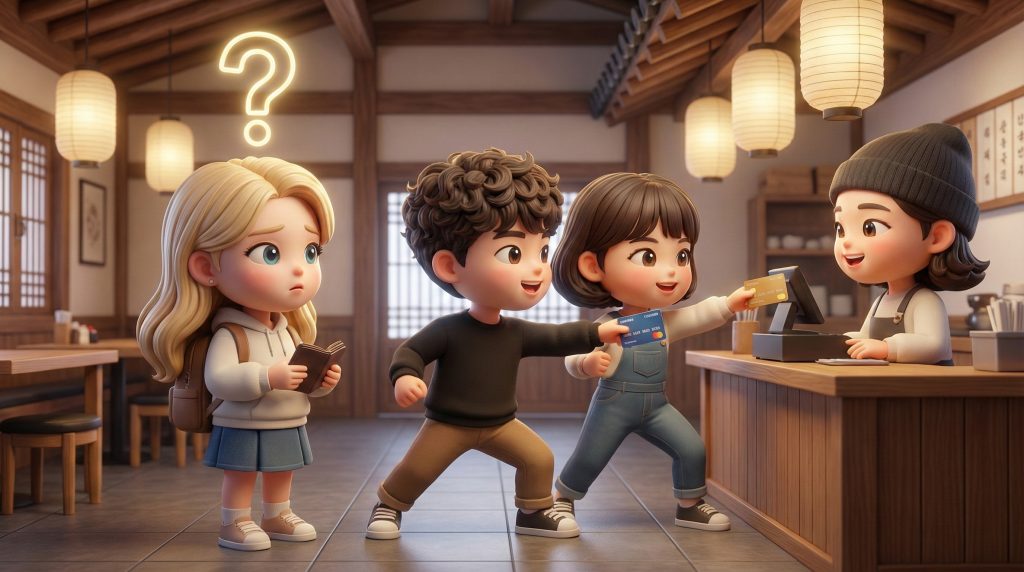 한글: 한국의 계산 문화를 처음 접하고 어리둥절한 표정을 짓는 외국인 여행객의 귀여운 모습 English: A cute 3D chibi style foreign tourist looking puzzled and confused while experiencing the Korean bill battle. 