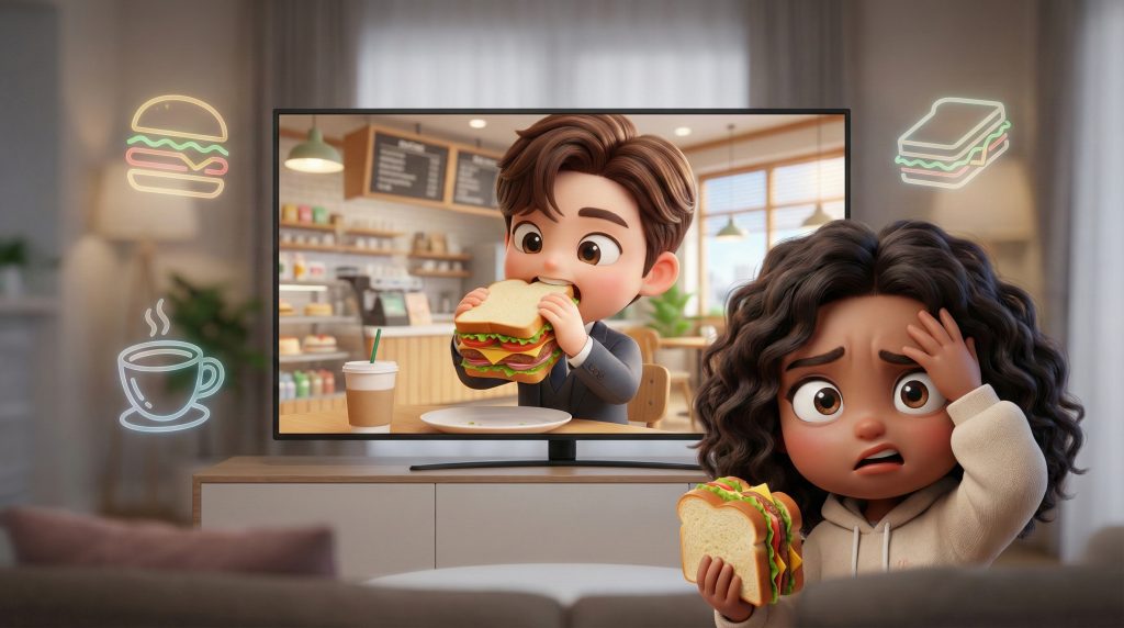 드라마 속 샌드위치 PPL 장면을 보며 황당한 표정으로 샌드위치를 들고 있는 시청자 (A viewer making an absurd face while watching a sandwich PPL scene in a drama) 