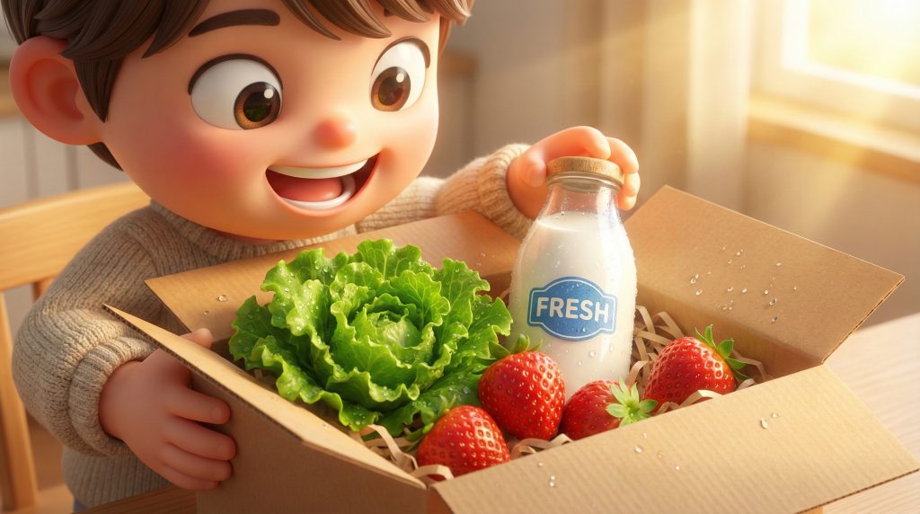 현관 앞 보냉백에서 꺼낸 싱싱한 채소와 과일들이 담긴 바구니 (A basket of fresh vegetables and fruits taken out of a cooler bag at the doorstep) 