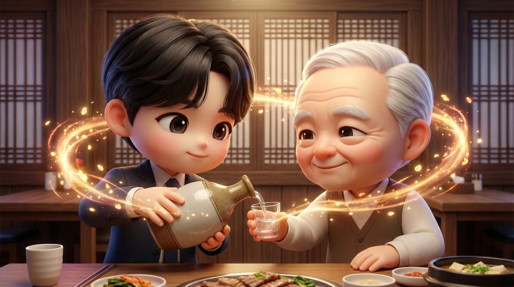상대방의 빈 잔에 정성스럽게 술을 따르는 따뜻한 모습 (Thoughtfully refilling someone's empty glass in a Korean setting)