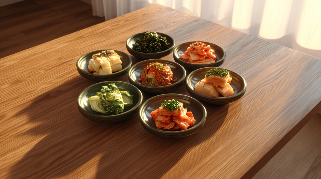 테이블에 예쁘게 차려진 다양한 종류의 김치 (Various types of Kimchi beautifully served on a table)