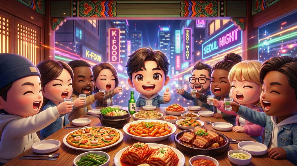 3D rendering, cinematic 4K, 16:9 ratio. High-quality chibi style. A group of diverse people are gathered around a table filled with delicious Korean side dishes (Anju). They are all raising their small liquor glasses for a toast. The protagonist is smiling brightly, looking at the camera and giving a thumbs up. The background features a mix of traditional Korean patterns and vibrant city neon lights, creating a sophisticated and energetic atmosphere.