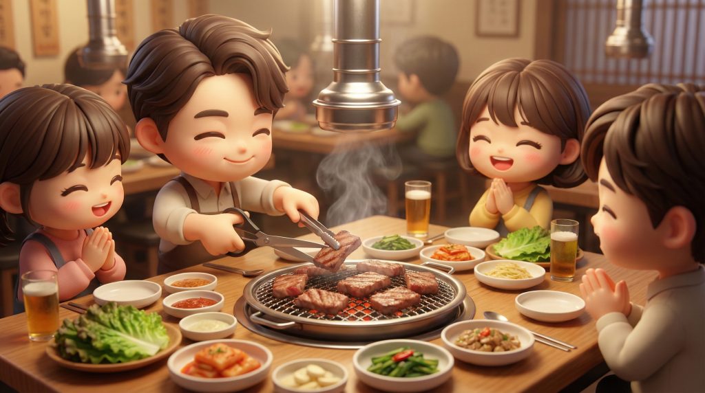 한 사람이 가위와 집게로 고기를 자르며 테이블에 둘러앉은 사람들과 식사하고 있다.