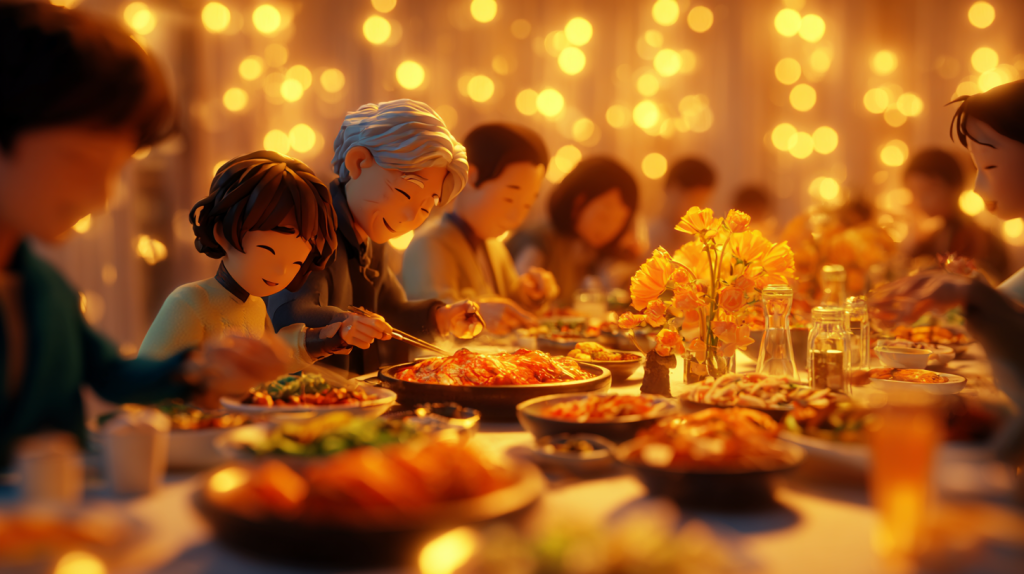 함께 웃으며 식사하는 화기애애한 한국 식탁 풍경 (A harmonious scene of people laughing and eating together at a Korean table) 