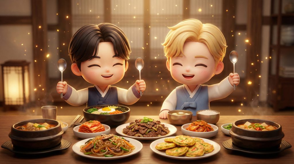 행복하게 한국 음식을 즐기는 따뜻한 분위기의 식사 장면 (A warm dining scene happily enjoying Korean food