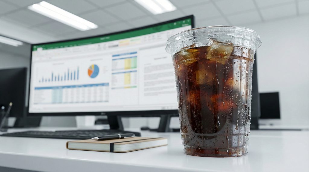 업무의 시작을 알리는 시원한 아이스 아메리카노 한 잔 (A refreshing cup of iced americano at the start of work)