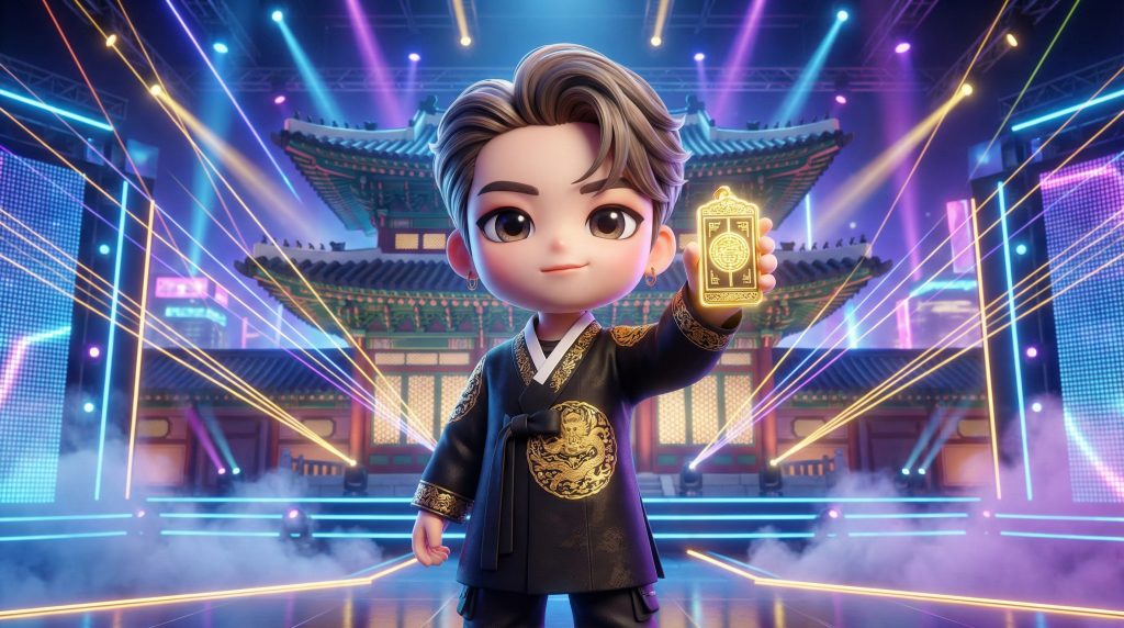 현대적인 K-pop 무대와 전통 마패의 조화 (Modern K-pop stage with traditional Mapae elements, 3D Chibi style)