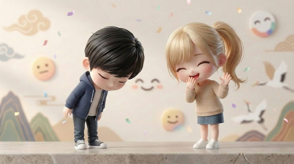 관계가 정리되자 더 편하게 웃으며 정중하게 인사하는 장면 After the relationship is set, they smile brighter and greet more comfortably 