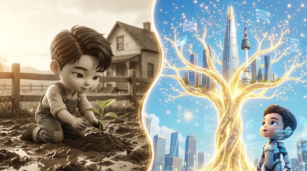 폐허가 된 한강변에서 시작되어 현대의 화려한 마천루로 이어지는 서울의 발전상 / The development of Seoul, starting from the ruined Han River and leading to modern brilliant skyscrapers