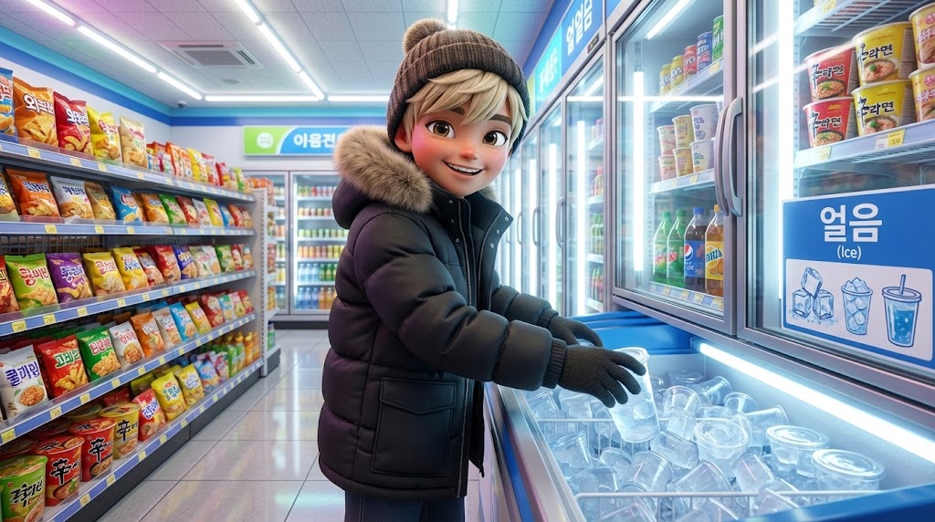 편의점 냉동고에서 얼음 컵을 고르는 즐거운 캐릭터 (A cheerful character picking an ice cup from a convenience store freezer)