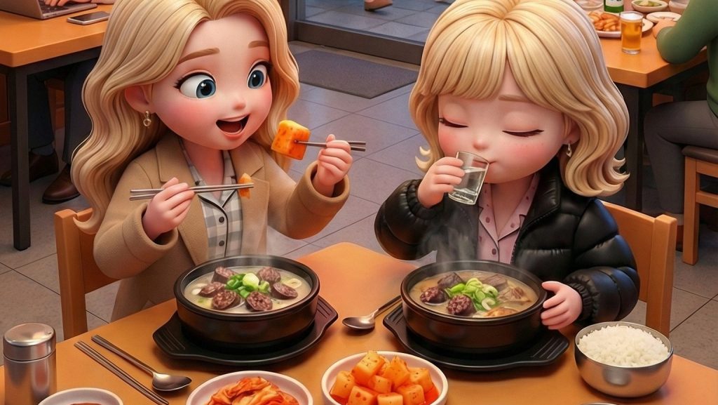 김이 모락모락 나는 뜨거운 순대국밥을 먹고있는 외국인 여자두명