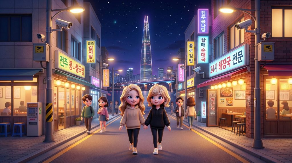 환하게 밝혀진 가로등 아래 안전하게 밤거리를 산책하며 식당으로 향하는 평화로운 모습