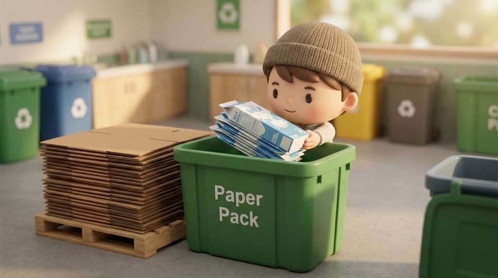 테이프가 제거된 납작한 박스들과 깨끗이 펼쳐진 우유팩이 정돈된 모습