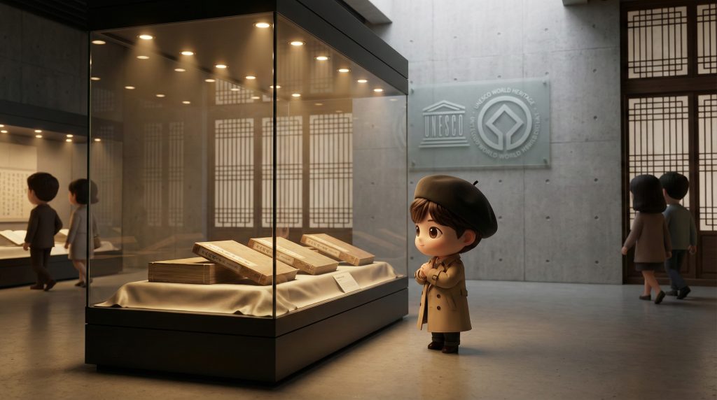 현대적인 박물관에서 유네스코 세계기록유산 실록을 관람하는 3D 치비 캐릭터 (Chibi character viewing the UNESCO World Heritage Annals in a modern museum) 