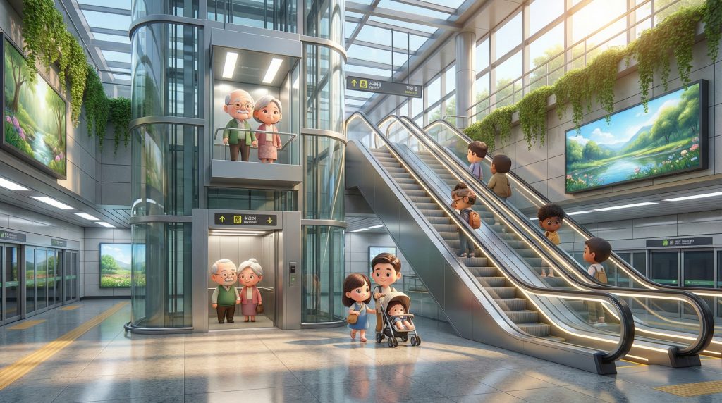  엘리베이터와 에스컬레이터를 이용하여 편리하게 이동하는 어르신과 유모차를 든 가족의 모습. (An elderly person and a family with a stroller moving conveniently using an elevator and escalator.) 
