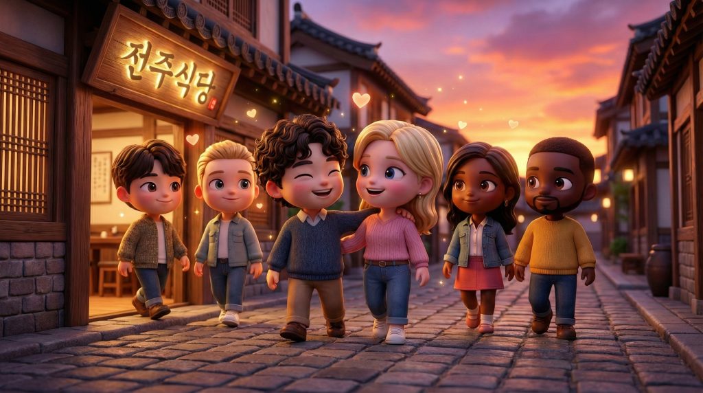  한글: 식당을 나오며 따뜻한 분위기 속에서 우정을 나누는 한국인들과 외국인 친구 English: Korean and foreign friends sharing friendship in a warm atmosphere while leaving the restaurant.