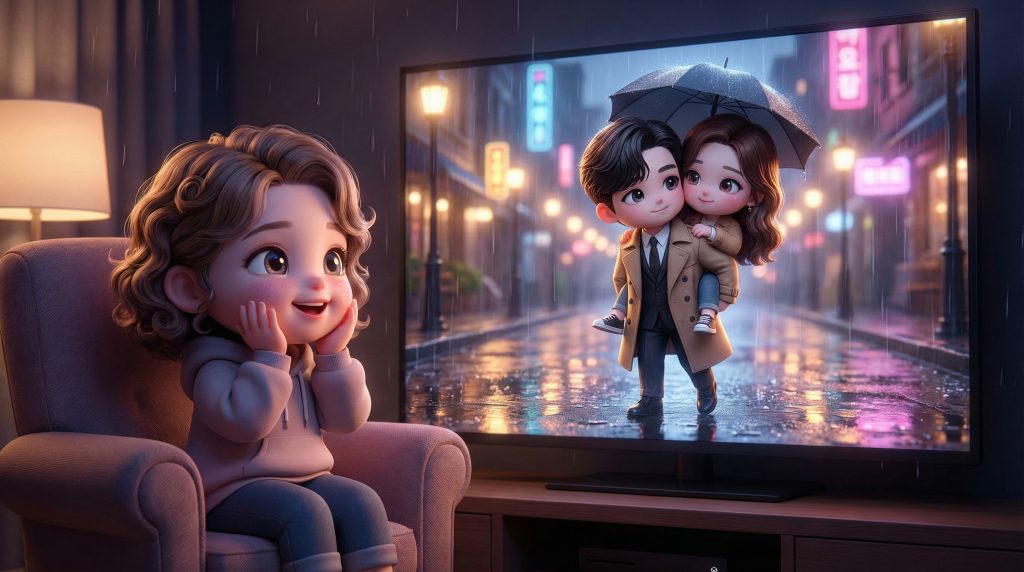 비 내리는 밤, 남주인공이 여주인공을 등에 업고 가는 로맨틱한 명장면 (A romantic scene of a male lead giving a piggyback ride to a female lead on a rainy night) 