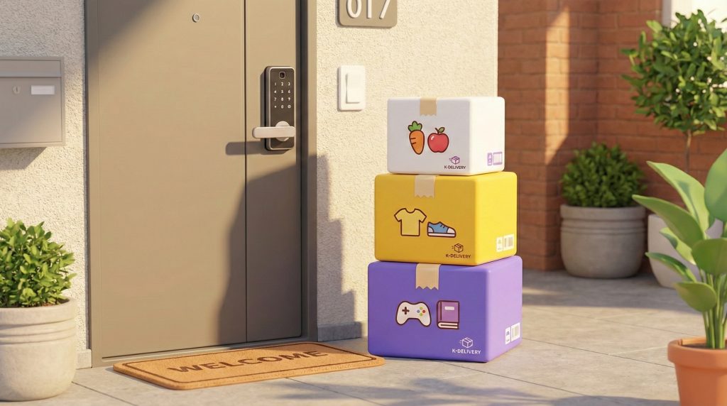 각기 다른 브랜드의 택배 상자들이 정갈하게 놓여 있는 모습 (Different brands of delivery boxes neatly placed together) 