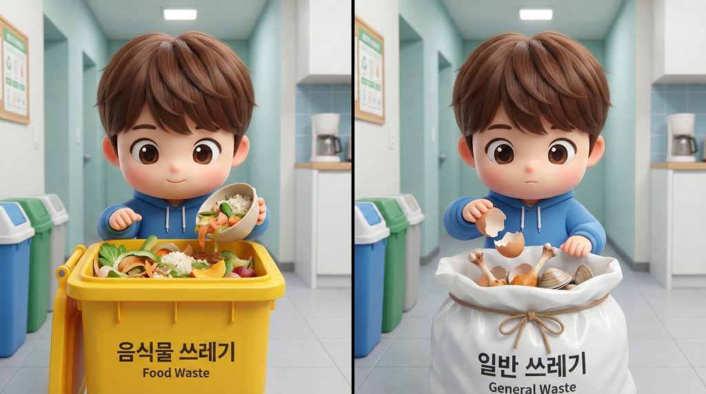  음식물 쓰레기와 일반 쓰레기(뼈, 껍데기 등)를 구분하여 담는 모습