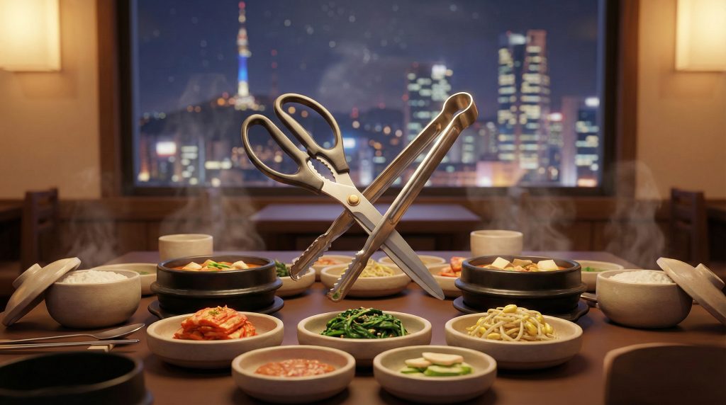 색 가위와 집게가 교차된 상태로 한식 반찬과 밥이 차려진 식탁 위에 놓여 있고, 창밖으로 노을 진 도시 풍경이 보인다.