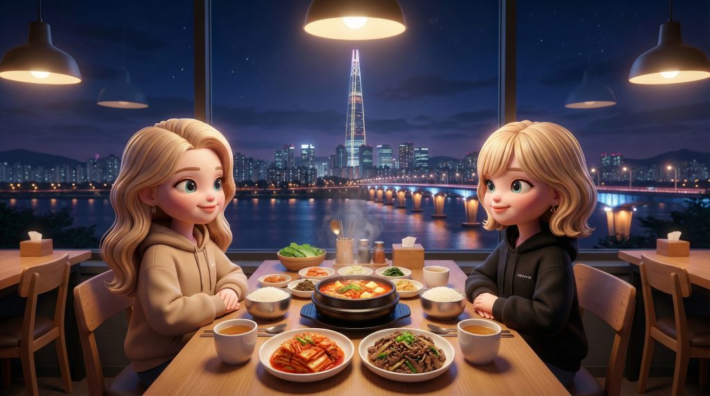 새벽녘 식당 창가에서 밖을 바라보며 따뜻한 차 한 잔과 식사를 즐기는 평온한 순간