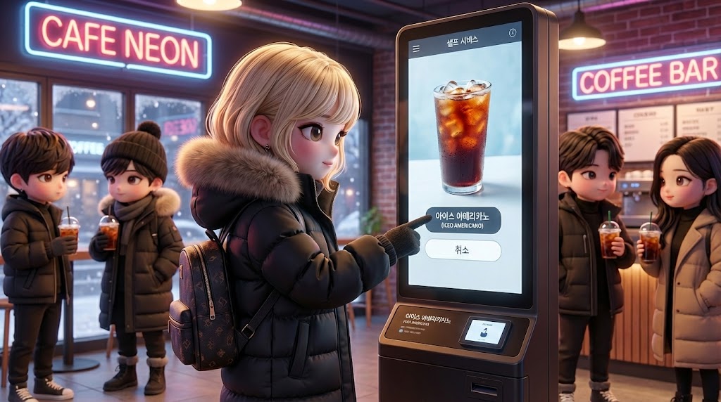 세련된 카페 키오스크에서 아이스 아메리카노를 주문하는 외국인 관광객 캐릭터 (A foreign tourist character ordering an iced americano at a trendy cafe kiosk)