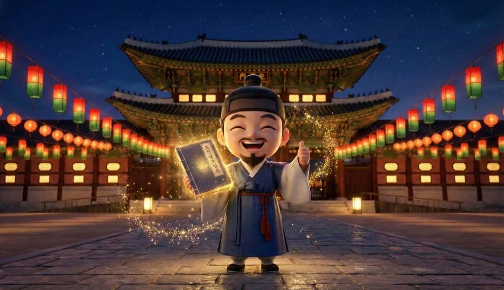 경복궁 야경을 배경으로 실록을 들고 미소 짓는 3D 치비 캐릭터 (Chibi character smiling with the Annals against the night view of Gyeongbokgung Palace) 