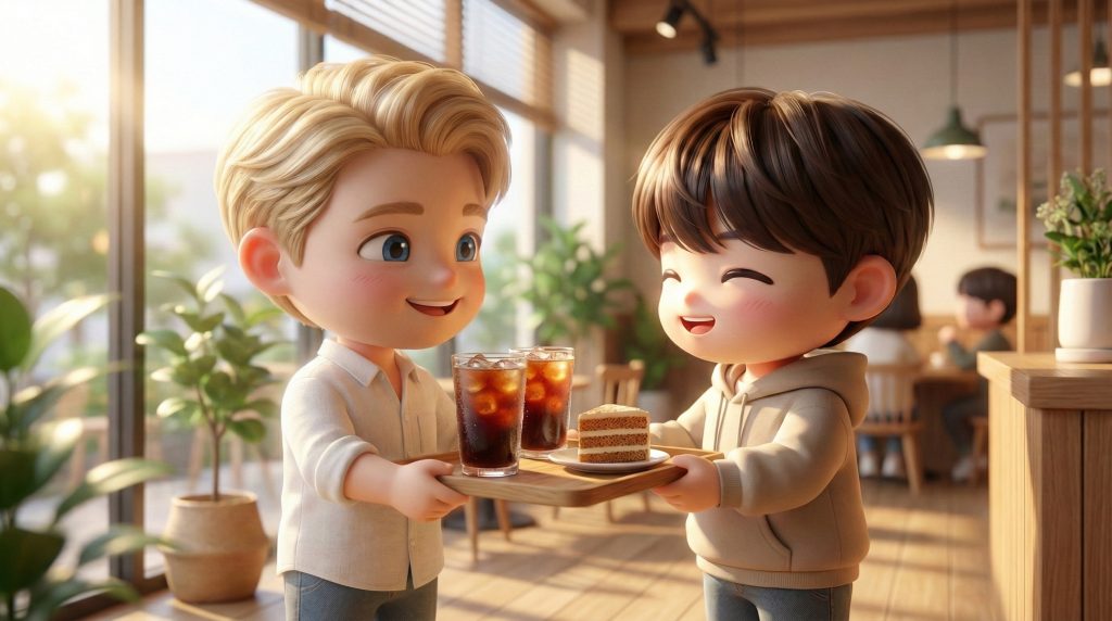 한글: 밥을 사준 친구에게 카페에서 시원한 아이스 아메리카노를 대접하며 웃는 모습 English: Smiling while treating a friend to an iced americano at a cafe after being treated to dinner. 