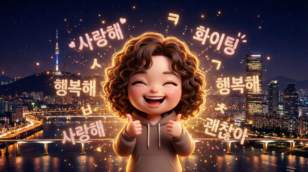 드라마 속 명대사들에 둘러싸여 환하게 웃고 있는 K-드라마 팬과 서울의 야경 (A K-drama fan smiling brightly surrounded by famous drama lines with the Seoul night view in the background) 