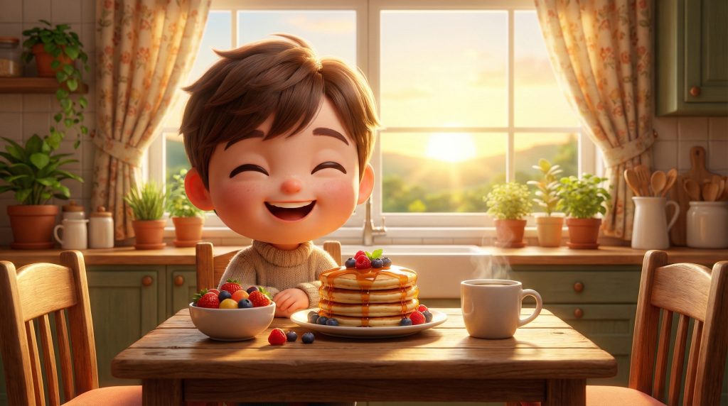 배송받은 신선한 재료로 아침 식사를 즐기며 행복해하는 캐릭터 (A character happily enjoying breakfast made with freshly delivered ingredients) 
