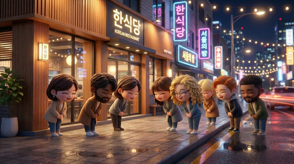3D rendering, cinematic 4K, 16:9 ratio. High-quality chibi style. Outside a stylish Korean restaurant at night. A group of people are standing and bowing slightly to each other with warm expressions. The street lights and shop signs create a beautiful, sparkling night view of Seoul. The scene conveys a sense of fulfillment and friendship after a successful gathering.