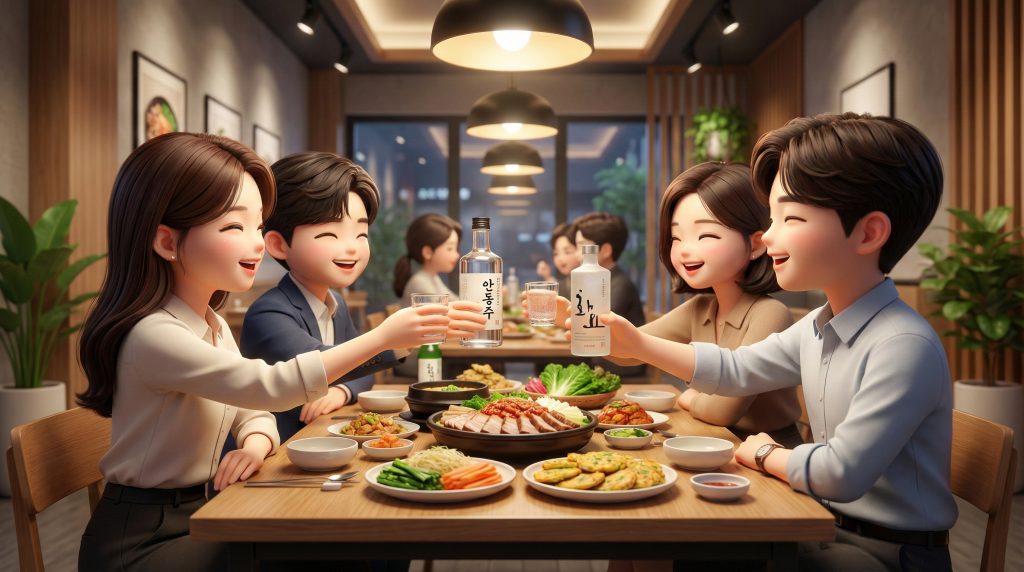 즐거운 분위기에서 진행되는 한국의 현대적인 회식 문화 (A modern and cheerful Korean team dinner culture)