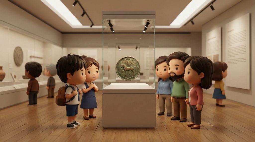  박물관에 전시된 실제 마패를 바라보며 배우는 현대인들 (People looking at a real Mapae in a museum, 3D Chibi style)
