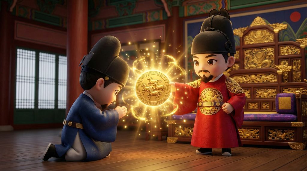 조선궁전 안에서 조선시대 왕이 신하에게 마패(조선말 징발 메달)을 하사하는 장면Inside the Joseon Palace, a Joseon Dynasty king gave a Mahapae (a medal for requisitioning in the end of the Joseon Dynasty) to his servants