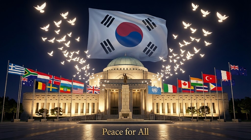 태극기와 UN 참전국들의 국기가 평화의 비둘기와 함께 하늘을 수놓는 웅장한 엔딩 / A grand ending with the Taegeukgi and flags of UN participating nations decorating the sky together with peace doves