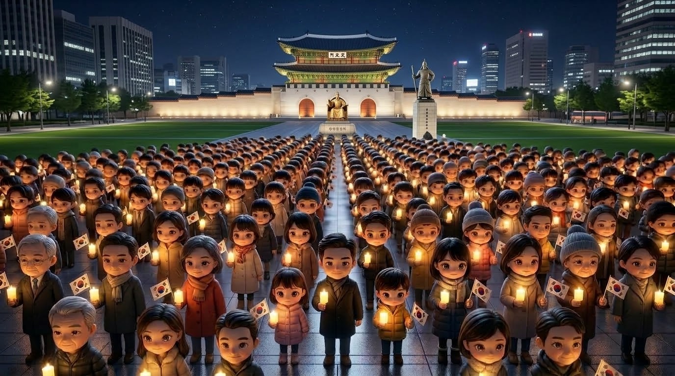 광화문을 배경으로 촛불과 태극기를 든 시민들을 표현한 한국 민주주의 상징 이미지