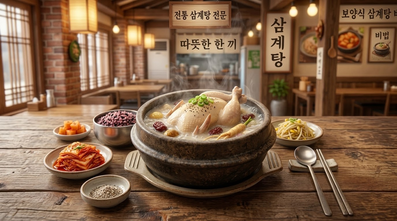 뜨거운 뚝배기에 담긴 한국 삼계탕과 김치, 깍두기, 소금이 놓인 식탁