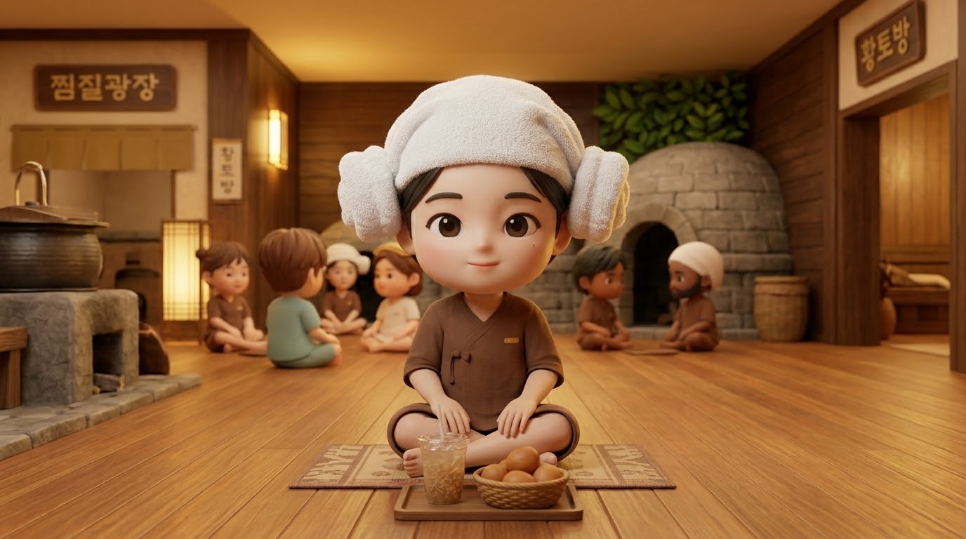 한국 찜질방에서 양머리 수건을 하고 식혜와 구운 계란을 즐기는 캐릭터