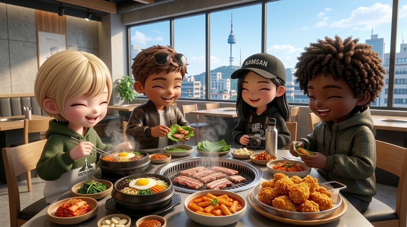 한국 식당에서 비빔밥, 삼겹살, 떡볶이, 치킨 등 다양한 한국 음식을 함께 즐기는 여행자들