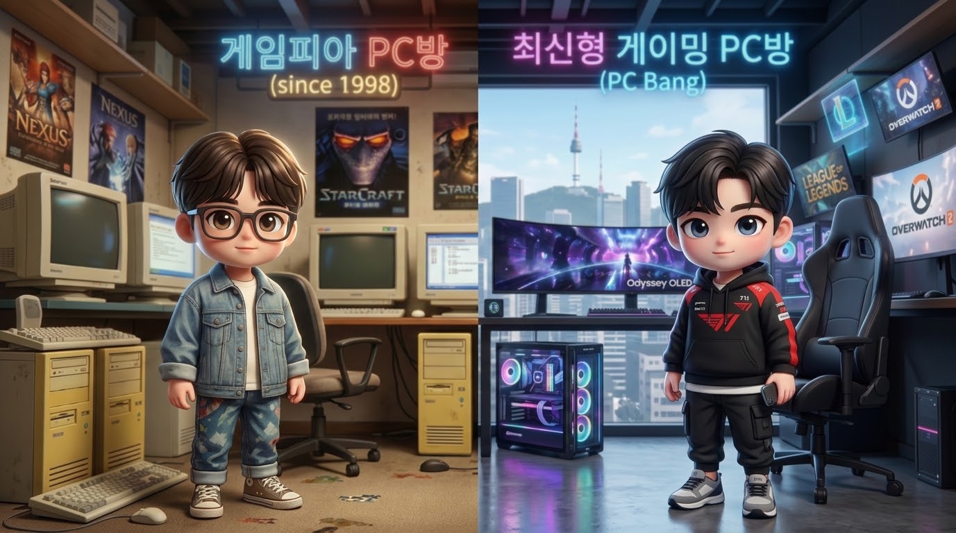 90년대 레트로 PC방과 현대적인 최첨단 PC방의 극적인 대비 (Dramatic contrast between a 90s retro PC Bang and a modern high-tech PC Bang lounge)
