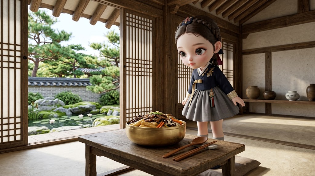 고즈넉한 한옥 배경에서 임금님의 수랏상에 차려진 정갈한 궁중 떡볶이를 신비롭게 바라보는  캐릭터.