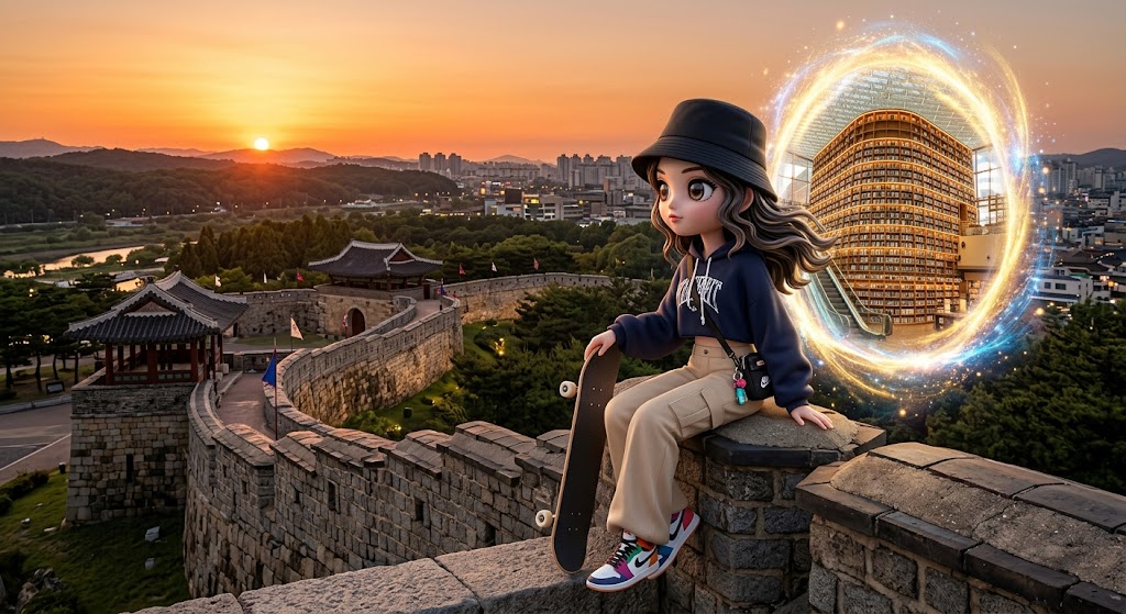 고풍스러운 수원 화성의 성벽 뒤로 스타필드의 거대한 도서관이 신기루처럼 보이는 풍경 / A landscape where the giant Starfield library appears like a mirage behind the antique walls of Suwon Hwaseong Fortress.
