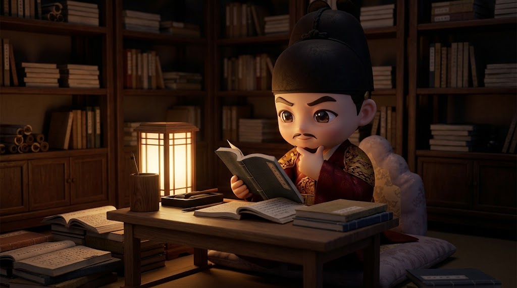 밤늦게까지 서재에서 홀로 연구에 몰두하며 깊은 생각에 잠긴 세종대왕