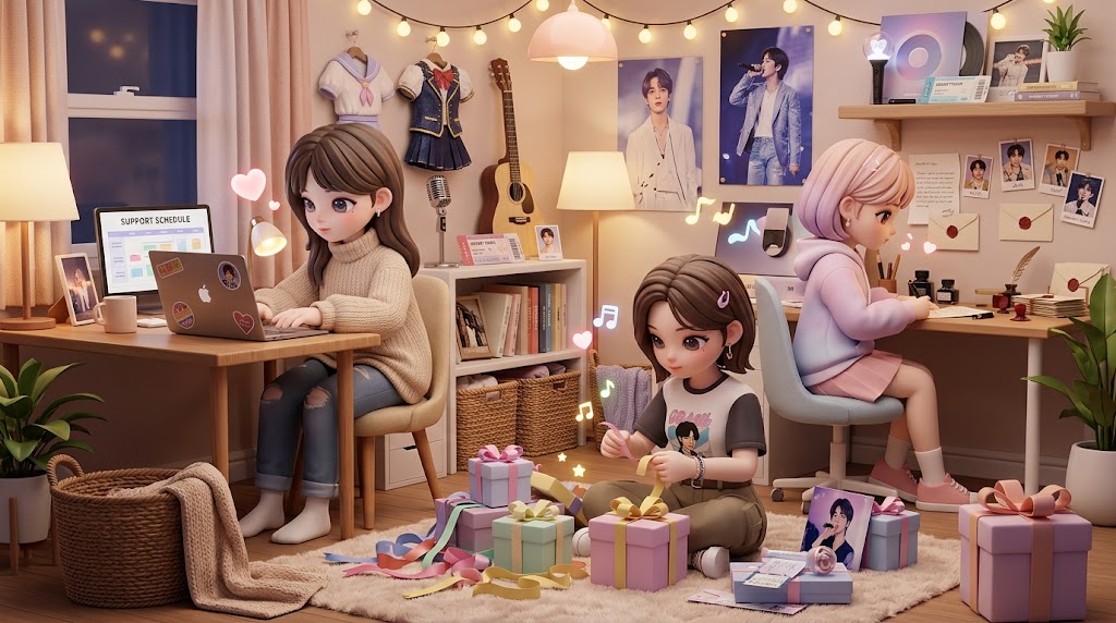 팬들이 아지트에 모여 아티스트를 위한 정성스러운 선물 상자와 메시지 카드를 제작하며 즐겁게 서포트를 준비하는 따뜻한 모습. (A warm scene where fans gather in a cozy room to prepare sincere gifts and message cards for an artist.)