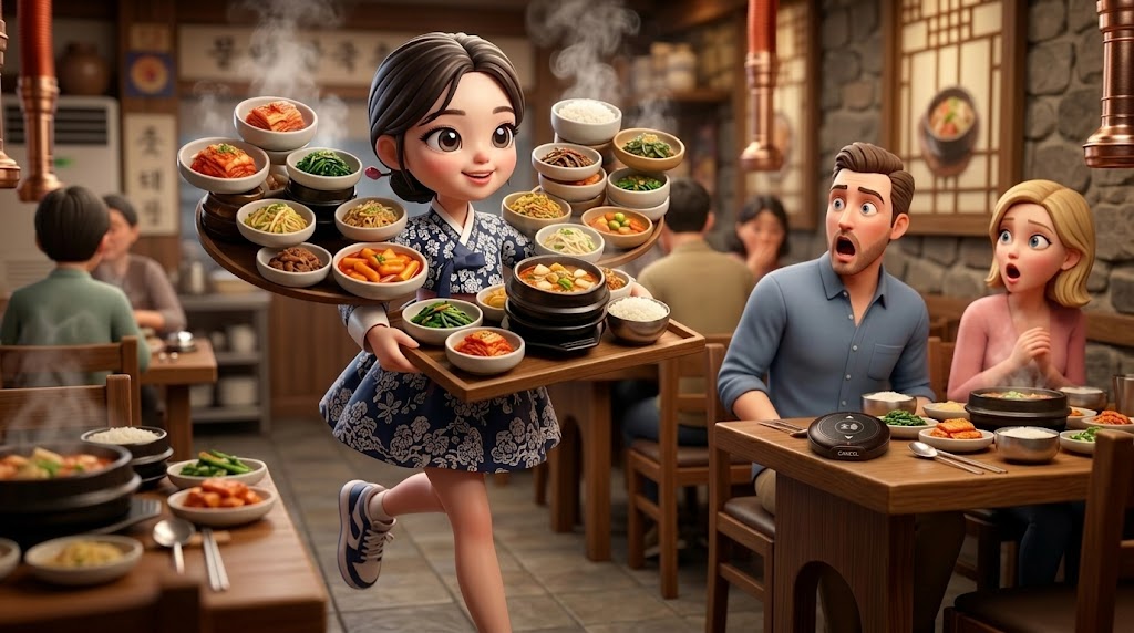  한국 식당에서 수많은 접시를 층층이 쌓아 들고 눈 깜짝할 사이에 서빙하는 숙련된 수집용 캐릭터의 모습. (A skilled collectible character serving dozens of dishes stacked high with lightning speed in a Korean restaurant.)
