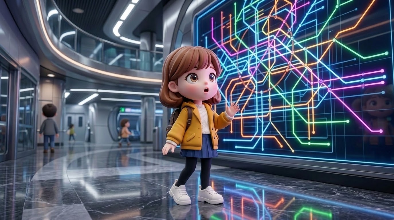 서울 지하철 노선 확인법 - 복잡한 노선도 앞에서 경로를 계획하는 모습 (How to check Seoul subway lines - Chibi character planning a route in front of a complex subway map)